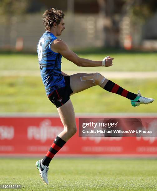 Joe Daniher of the Bombers kicks the ball during an Essendon Bombers AFL media session at True Value Solar Centre on May 31, 2017 in Melbourne,...