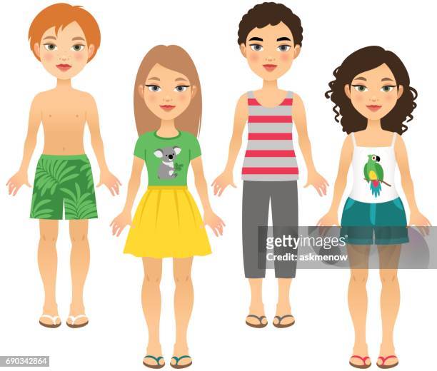four children in summer outfits - 13 year old girls in shorts stock illustrations