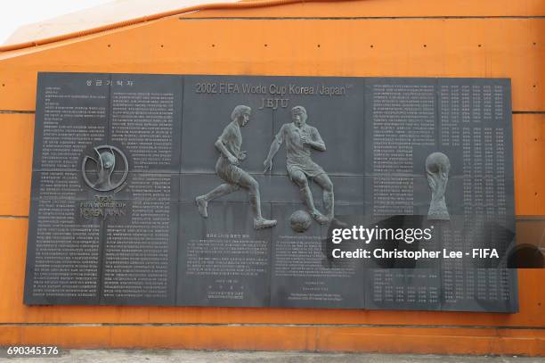 World Cup Korea and Japan plaque is seen at the Jeju World Cup Stadium on May 30, 2017 in Seogwipo, South Korea.