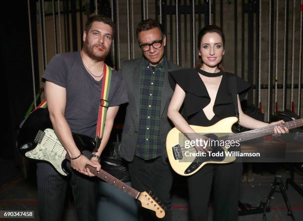 Adam Pally, Fred Armisen and Zoe Lister-Jones pose after playing at the after party for the premiere of IFC Films' "Band Aid" on May 30, 2017 in Los...