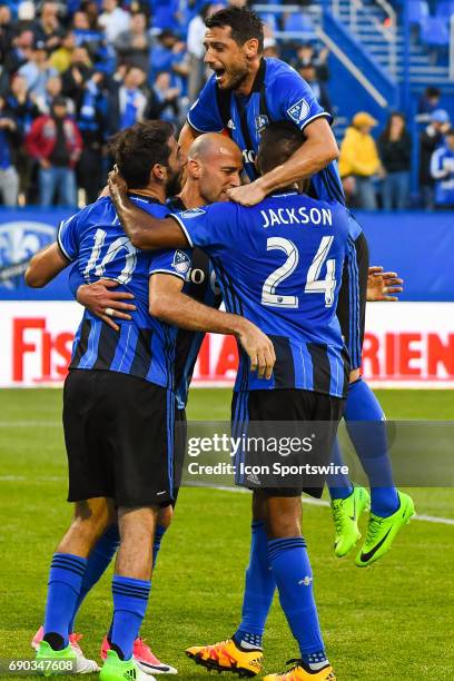 Players celebrating Montreal Impact midfielder Ignacio Piatti second goal of the game on a second penalty shot during the Montreal Impact versus the...