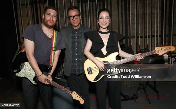 Adam Pally, Fred Armisen and Zoe Lister-Jones pose after playing at the after party for the premiere of IFC Films' "Band Aid" on May 30, 2017 in Los...
