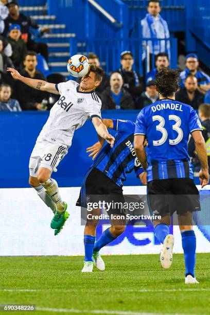 Vancouver Whitecaps defender Jake Nerwinski hitting the ball with his face during the Montreal Impact versus the Vancouver Whitecaps FC game on May...