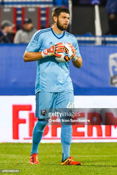 Look on Montreal Impact goalkeeper Maxime Crepeau stnding on the field during the Montreal Impact versus the Vancouver Whitecaps FC game on May 30 at...