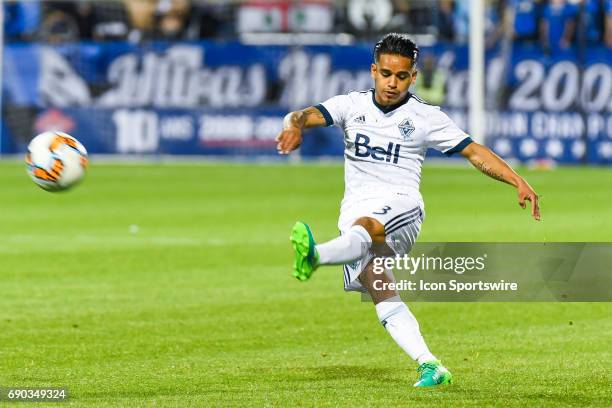 Vancouver Whitecaps defender Sam Adekugbe after kicking the ball away during the Montreal Impact versus the Vancouver Whitecaps FC game on May 30 at...