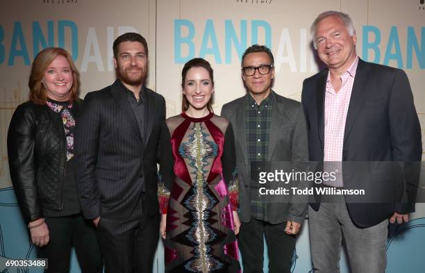 S Lisa Schwartz, Adam Pally, Zoe Lister-Jones, Fred Armisen and IFC's Jonathan Sehring attend the premiere of IFC Films' "Band Aid" at The Theatre at...