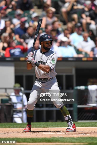 Boston Red Sox left fielder Chris Young at bat during a game between the Chicago White Sox and the Boston Red Sox on May 29 at Guaranteed Rate Field,...