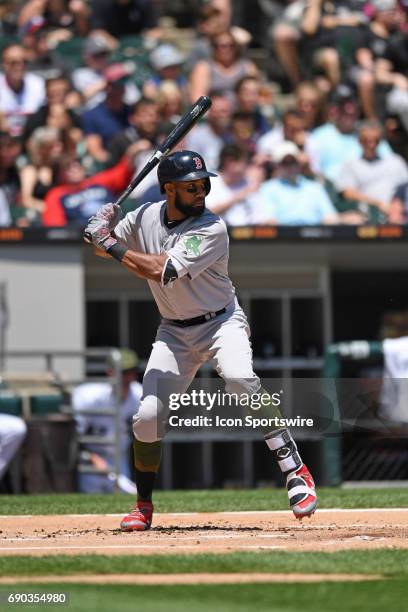 Boston Red Sox left fielder Chris Young at bat during a game between the Chicago White Sox and the Boston Red Sox on May 29 at Guaranteed Rate Field,...