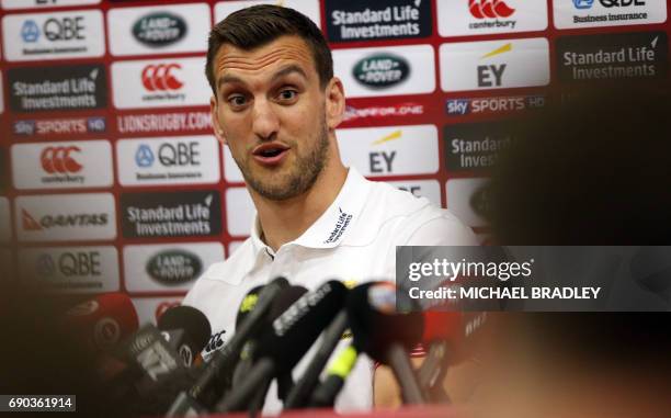 British and Irish Lions rugby captain Sam Warburton speaks during a press conference after the teams arrival earlier in the day in Auckland on May...