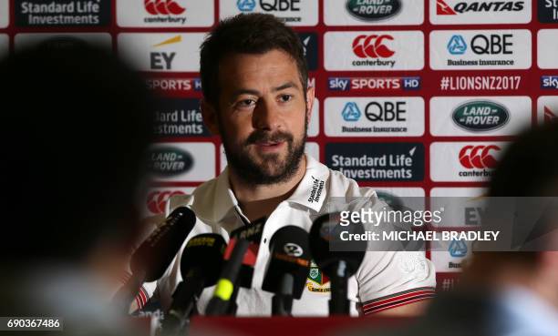 British and Irish Lions rugby player Greig Laidlaw speaks during a press conference after the teams arrival earlier in the day in Auckland on May 31,...