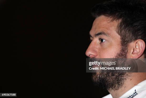 British and Irish Lions rugby player Greig Laidlaw speaks during a press conference after the teams arrival earlier in the day in Auckland on May 31,...