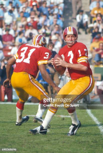 Billy Kilmer of the Washington Redskins drops back to pass against the Miami Dolphins during Super Bowl VII at the Los Angeles Memorial Coliseum in...