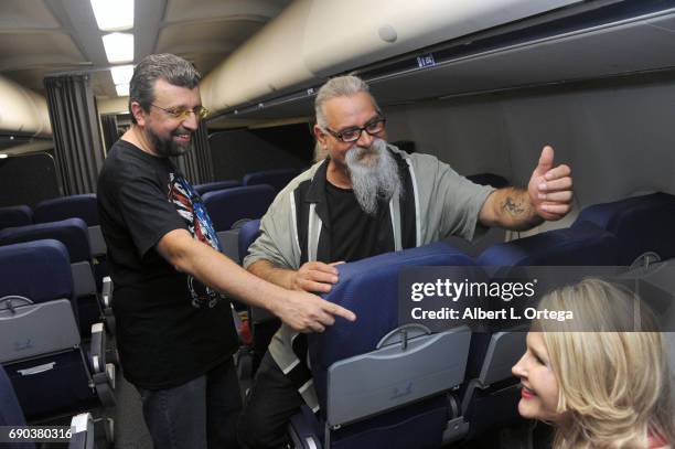 Actor Scott Engrotti, actress Chanel Ryan and director Massimiliano Cerchi on set For the film "Mayday" held at Jets and Props on May 30, 2017 in...