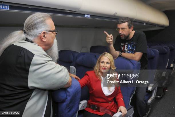 Actor Scott Engrotti, actress Chanel Ryan and director Massimiliano Cerchi on set For the film "Mayday" held at Jets and Props on May 30, 2017 in...