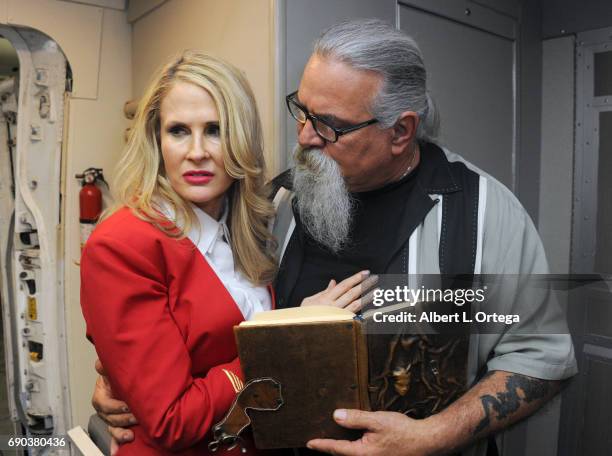 Actress Chanel Ryan and actor Scott Engrotti on set For the film "Mayday" held at Jets and Props on May 30, 2017 in North Hollywood, California.