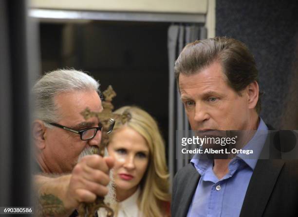 Actor Scott Engrotti, actor Michael Pare and actress Chanel Ryan on set For the film "Mayday" held at Jets and Props on May 30, 2017 in North...