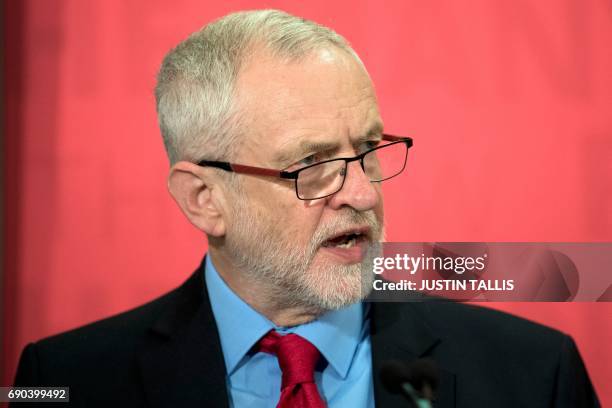 Britain's main opposition Labour party leader Jeremy Corbyn delivers a speech during a general election campaign event in London on May 31 as...