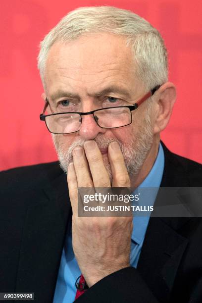 Britain's main opposition Labour party leader Jeremy Corbyn delivers a speech during a general election campaign event in London on May 31 as...