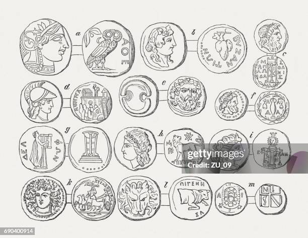 coins of hellenistic cities and communities, wood engravings, published 1880 - ancient coins stock illustrations