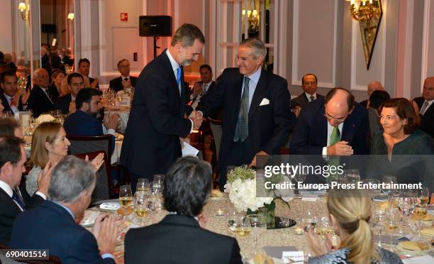 King Felipe VI of Spain and Asis Martin de Cabiedes attend Europa Press news agency 60th Anniversary at the Villa Magna hotel on May 30, 2017 in...