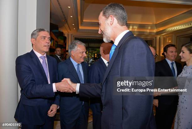 King Felipe VI of Spain and Javier Garcia Vila attend Europa Press news agency 60th Anniversary at the Villa Magna hotel on May 30, 2017 in Madrid,...