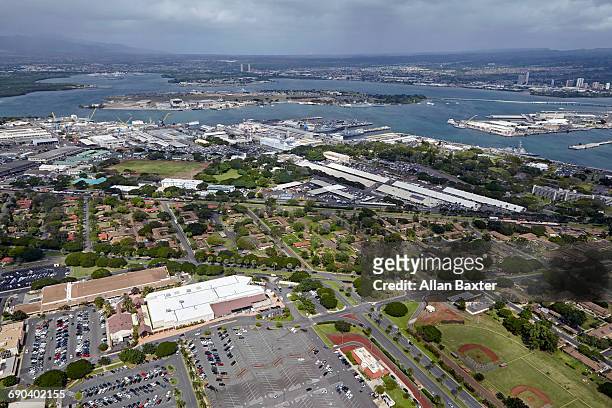 aerial view of pearl harbour in oahu - pearl harbor hawaii stock pictures, royalty-free photos & images