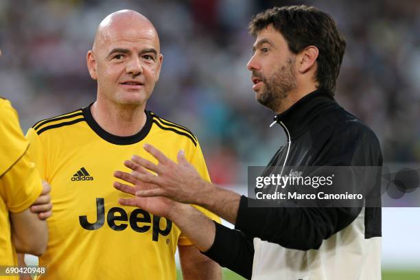 Andrea Agnelli, chairman of Juventus FC and FIFA President Gianni Infantino, during charity football game , la partita del cuore, between Nazionale...