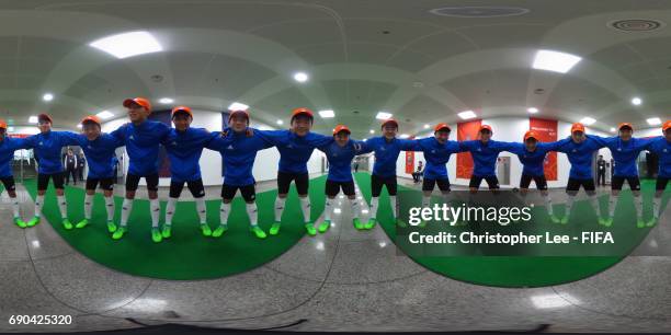 Ball boys pose for a photo prior to the FIFA U-20 World Cup Korea Republic 2017 Round of 16 match between Zambia and Germany at Jeju World Cup...