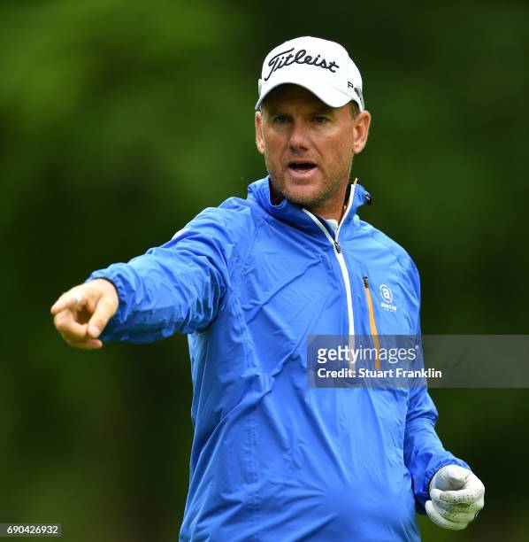 Robert Karlsson of Sweden points during the pro - am prior to the start of the Nordea Masters at Barseback Golf & Country Club on May 31, 2017 in...