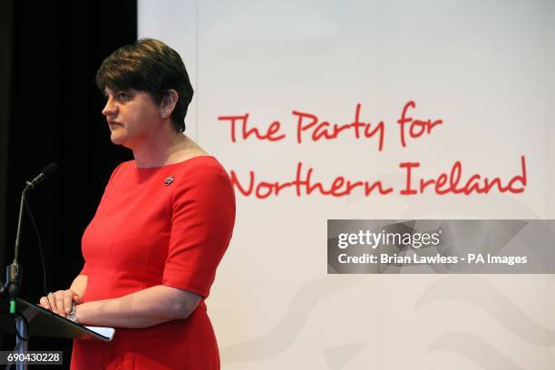 Party leader Arlene Foster at the launch of the DUP manifesto at the Old Courthouse in Antrim for the upcoming General Election.