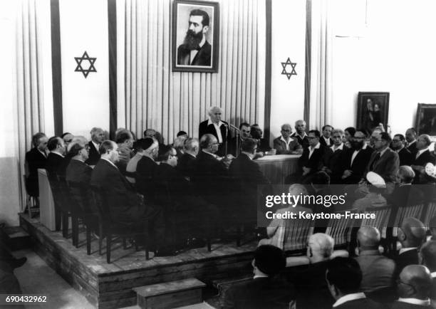 Déclaration de David Ben Gourion lors du premier anniversaire de la déclaration d'indépendance de l'état d'Israël en Israël, en 1949.