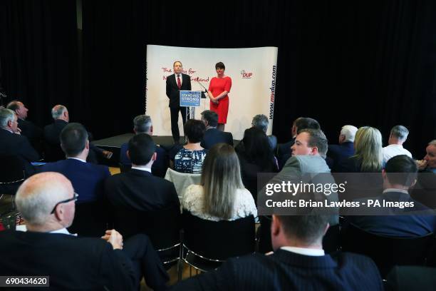 Party leader Arlene Foster and deputy leader Nigel Dodds at the launch of the DUP manifesto at the Old Courthouse in Antrim for the upcoming General...