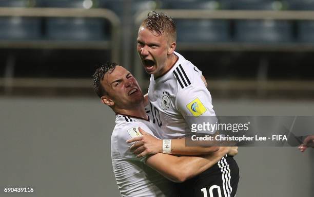 Philipp Ochs of Germany celebrates scoring their first goal with Benedikt Gimber of Germany during the FIFA U-20 World Cup Korea Republic 2017 Round...
