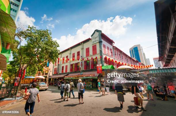 street view of china town in singapore - singapore stock pictures, royalty-free photos & images