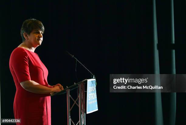 Leader and former First Minister Arlene Foster addresses the gathered media as the Democratic Unionist party launch their manifesto at the Old...