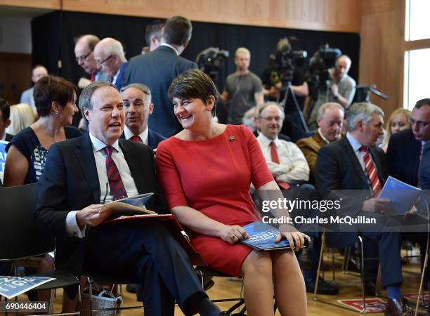 Leader and former First Minister Arlene Foster and DUP deputy leader Nigel Dodds joke with one another as the Democratic Unionist party launches it's...