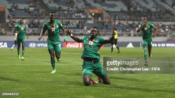 Emmanuel Banda of Zambia celebrates scoring their first goal during the FIFA U-20 World Cup Korea Republic 2017 Round of 16 match between Zambia and...