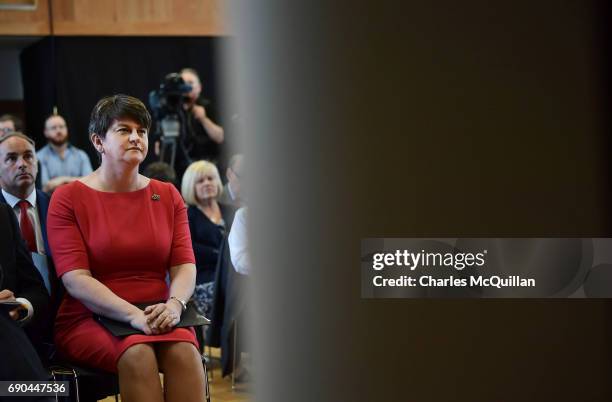 Leader and former First Minister Arlene Foster waits to be announced before addressing the gathered media as the Democratic Unionist party launch...