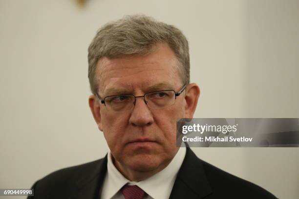 Russian economist Alexey Kudrin speaks to journalists after his meeting with President Putin at the Kremlin on May 30, 2017 in Moscow, Russia....