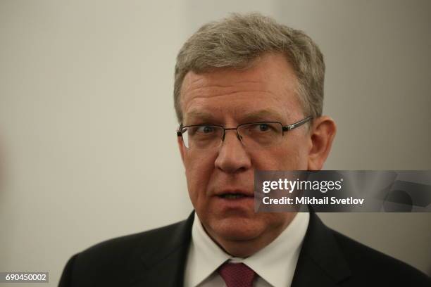 Russian economist Alexey Kudrin speaks to journalists after his meeting with President Putin at the Kremlin on May 30, 2017 in Moscow, Russia....