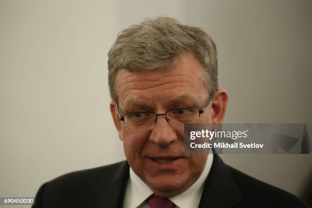 Russian economist Alexey Kudrin speaks to journalists after his meeting with President Putin at the Kremlin on May 30, 2017 in Moscow, Russia....