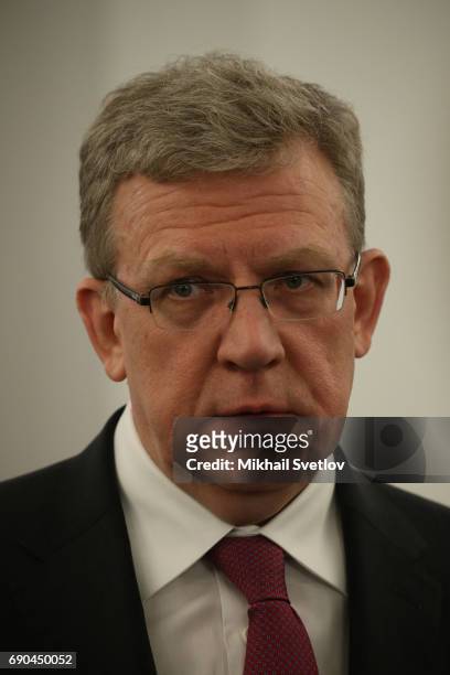 Russian economist Alexey Kudrin speaks to journalists after his meeting with President Putin at the Kremlin on May 30, 2017 in Moscow, Russia....
