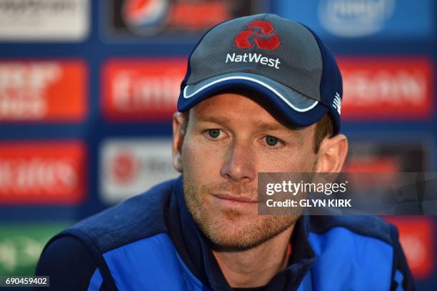 England's captain Eoin Morgan speaks during a press conference at The Oval in London on May 31 on the eve of their ICC Champions Trophy cricket match...