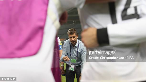 Head Coach Guido Streichsbier of Germany talks to his players before they go into extra time during the FIFA U-20 World Cup Korea Republic 2017 Round...