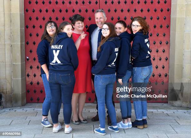 Westminster candidate Ian Paisley Junior jokes with DUP leader Arlene Foster as they are pictured with some of Paisley Junior's election canvassers...