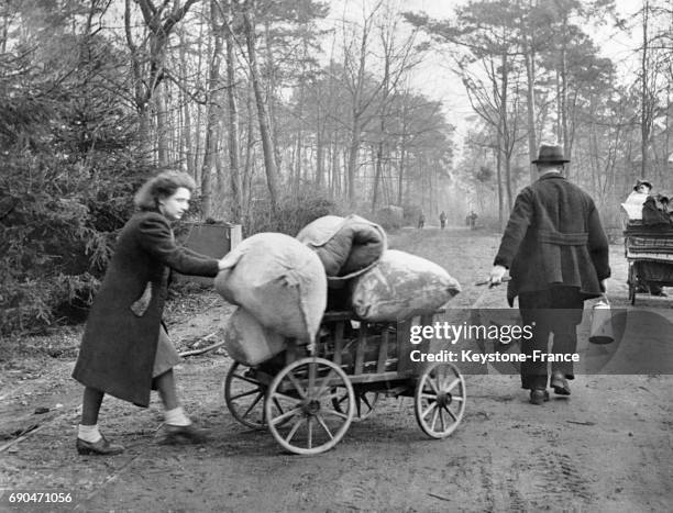 Réfugiés allemands transportant leurs biens dans des chariots se dirigent vers la ligne de démarcation, en Allemagne en 1945.