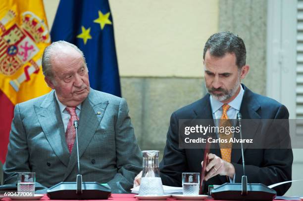 King Felipe VI of Spain and King Juan Carlos attend COTEC meeting at the El Pardo Palace on May 31, 2017 in Madrid, Spain.