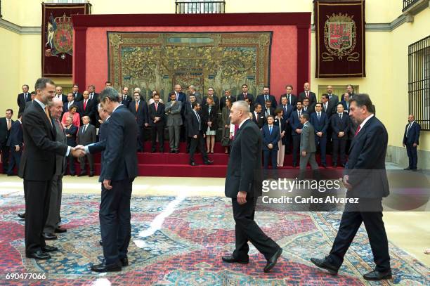 King Felipe VI of Spain and King Juan Carlos attend COTEC meeting at the El Pardo Palace on May 31, 2017 in Madrid, Spain.