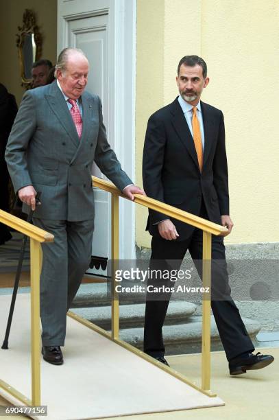 King Felipe VI of Spain and King Juan Carlos attend COTEC meeting at the El Pardo Palace on May 31, 2017 in Madrid, Spain.