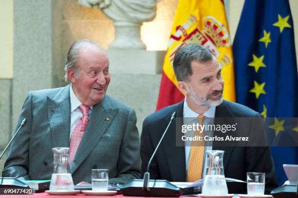 King Felipe VI of Spain and King Juan Carlos attend COTEC meeting at the El Pardo Palace on May 31, 2017 in Madrid, Spain.